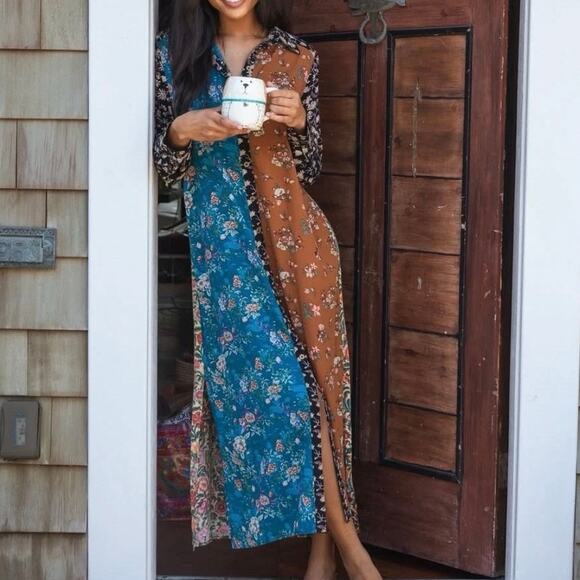 Natural Life Esme Turquoise Mixed Floral Duster Button Down Flowy Maxi Dress - Picture 1 of 11